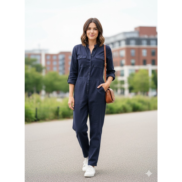 Outerknown Pants - Outerknown S.E.A. Long Sleeve Organic Cotton Linen Jumpsuit Navy Sz L Coverall
